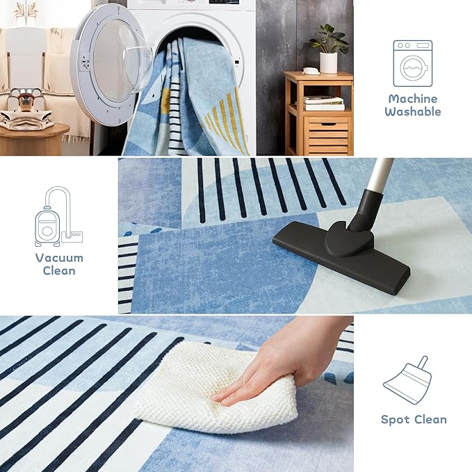 Tepook Blue Area Rug for Living Room, 4x6 Indoor Carpet for Bedroom Washable, Non-Slip Abstract Print Kids Rug for Nursery Playroom Classroom Dorm Office Dining Room