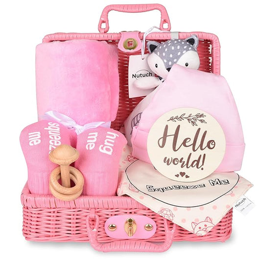 Newborn Baby Gift Set | Baby Gift Basket | Newborn Blanket, Wooden Teether, Security Blanket, Cap, Baby Bibs, Socks & Greeting Card (Pink)