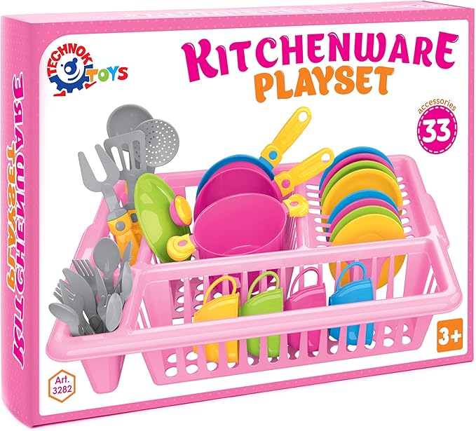 Play Dishes for Kids Kitchen | Pretend Play Kitchen Dishes Set with Drainer | Pretend Dishes Cookware Set | Fun and Colorful Toy Dishes Kit | Childrens Durable Tableware Playset (33 Pcs - Pink)