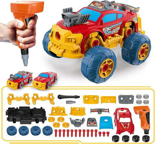 Pup Go 3-in-1 Take Apart Car for Boys with Electric Drill, 46Pcs Construction Toy Truck, Build Your Own Toy Car with Play Tools, Ideal STEM Gift for Kids Children Ages 3 4 5 6 7 8 9 Year Old Red