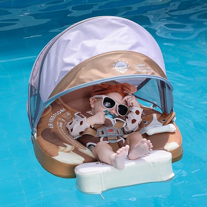Mambobaby Float Add Tail Baby Swim Float with Canopy Solid Pool Infant Swim Trainer Swimming Training Lying Air Free Water Floats Non-Inflatable Waist Swim Ring for Toddlers (Cute Puppy)