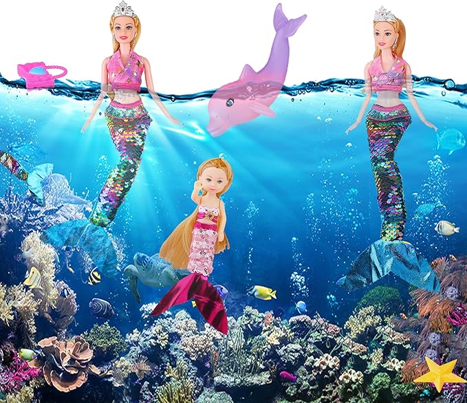 Magical Mermaid Dolls Set for Girls 4-7 - Princess Twin Dolls with Color-Changing Purple Dolphin, Summer Outfits & Sparkling Accessories (Crown, Flip Scales, Starfish Comb) Water Play Birthday Gift