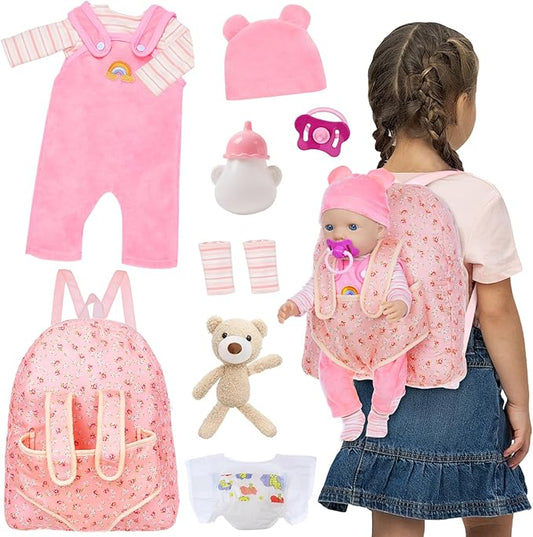 Baby Doll Clothes with Doll Backpack Carrier for 14-18 Inch Doll,Reborn Baby Doll Accessories Set with Doll Bottles Doll Pacifiers for Toddlers and Kids 2 3 4 5 Year Old(Doll not Included)