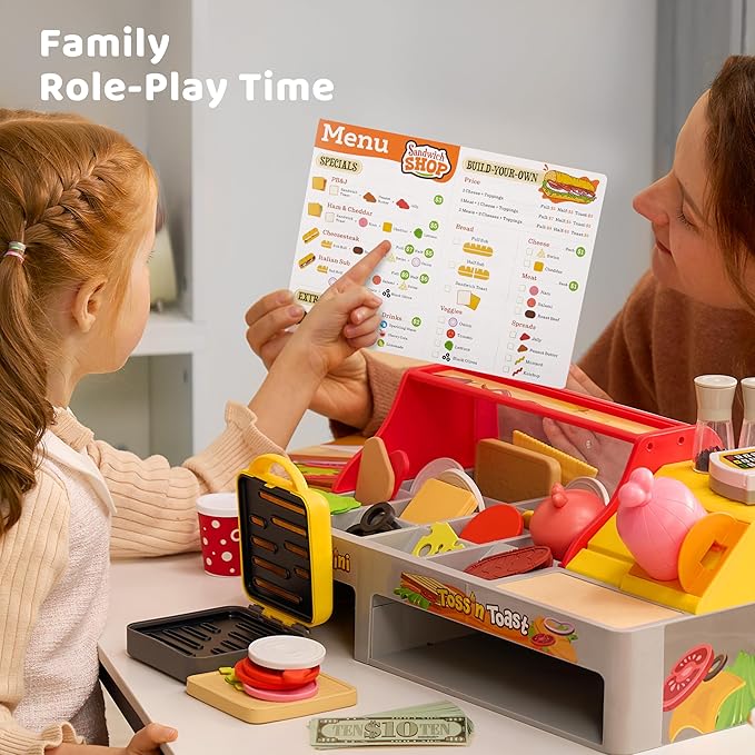Pretend and Play Food Toy for Kids Toddlers, Play Kitchen Accessories Include Sandwich Maker Toy with Slicer for Ham, Menu and Ingredients, Play Restaurant Food Toy for Girls Birthday Gift