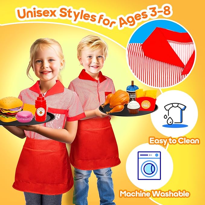 Restaurant Server Play Toys Set for Boys Girls Age 3-8, Role Play Set with Unisex Server Dress-Up Costume, Play Food, Play Money, Menu for Kids Play Kitchen, Restaurant,Xmas Stocking Stuffers for Kids