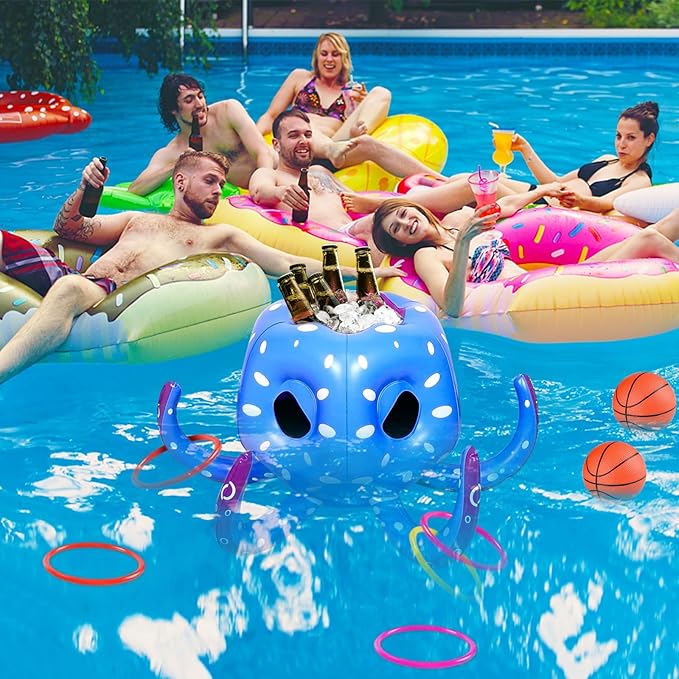 Octopus Pool Toys for Kids Ages 4-8, 2-in-1 Inflatable Float Water Games Toys with Basketball Hoop & Ring Toss, Outdoor Backyard Beach Swim Play, Cool Summer Family Party Supplies Gift Boys Girls