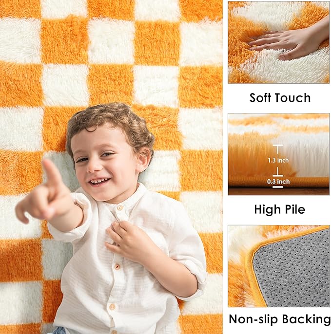 KICMOR 8x10 Area Rugs for Living Room, Large Fluffy Fuzzy Orange and Cream White Checkered Shag Rug Soft Plush Big Bedroom Carpet, Shaggy Floor Rugs for Kids Boys Girls Dorm Nursery Home Room Decor