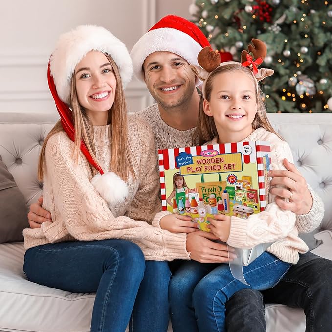 Wooden Play Food Toys for Kids, Market Grocery Store Toys with Snack & Shopping Bag & Apron for Toddlers, Pretend Play Kitchen Accessories Christmas Birthday Gift for Girls Boys 3 4 5 6