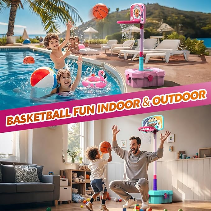 Kids Basketball Hoop and T-Ball Set for Kids 3-5, 3 Adjustable Toddler Basketball Hoop Indoor Outdoor Kids Toys Birthday Gift for Boys Girls