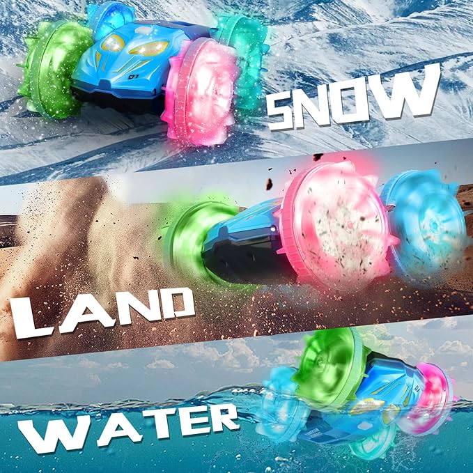 Amphibious Remote Control Car Boat - 4WD RC Stunt Car with Waterproof Gesture Sensing 2.4GHz RC Boat with Lights RC Monster Truck 360° Flips Rotation RC Vehicle Pool Toys Gifts for Boys Girls