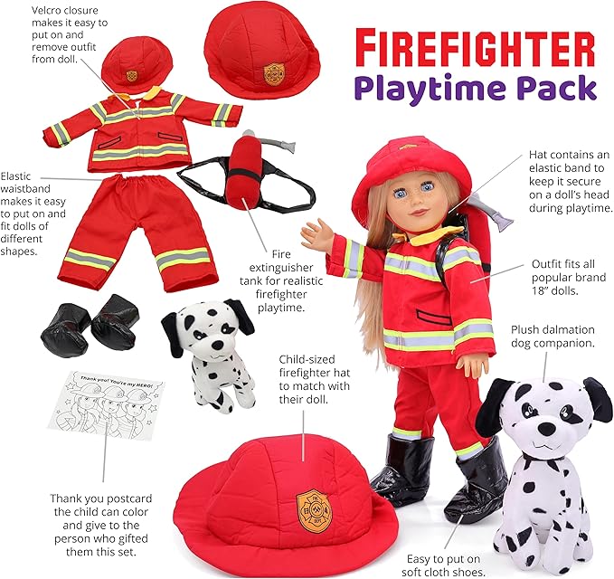 Playtime by Eimmie 18 Inch Doll Clothes - Firefighter Outfit, Matching Hat & Pet Dog Accessories Set - Outfits Fit American, Generation & Similar 18” Girls Dolls - Clothing Sets & Stuff for My Doll