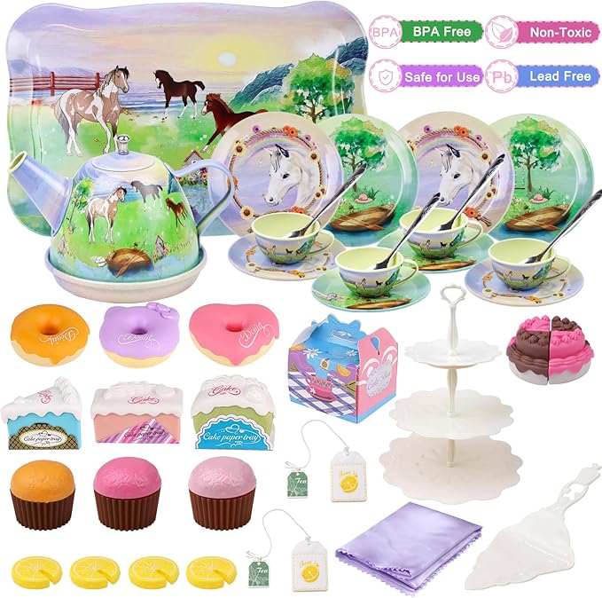 Tea Party Set for Little Girls,50PCS Princess Horse Tea Time Toy Including Food Sweet Treats Playsets,Teapot Tray Cake,Tablecloth & Carrying Case,Kids Kitchen Pretend Play for Girls Boys Age 3 4 5 6