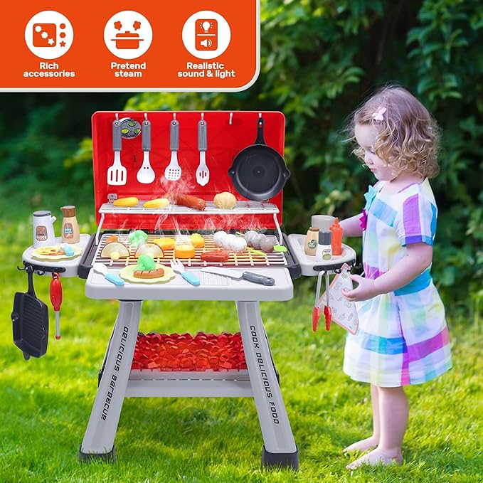 CUTE STONE Kids Grill Playset,Kitchen Playset with Realistic Smoke, Sound, Light, Kids BBQ Grill Toy Cooking Playset for Toddler,Indoor Outdoor Backyard Play Toys for Boys Girls, 23.6" H