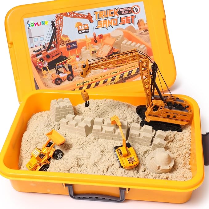 Construction Sandbox Toys Kids Play Sand Kit, 3.1lbs Sand & Large Tower Crane & 5 Trucks & 13 Signs & 14 Molds, Beach Building Castle Table Sensory Bin Toy for Toddler Boy 3-8 Years Old