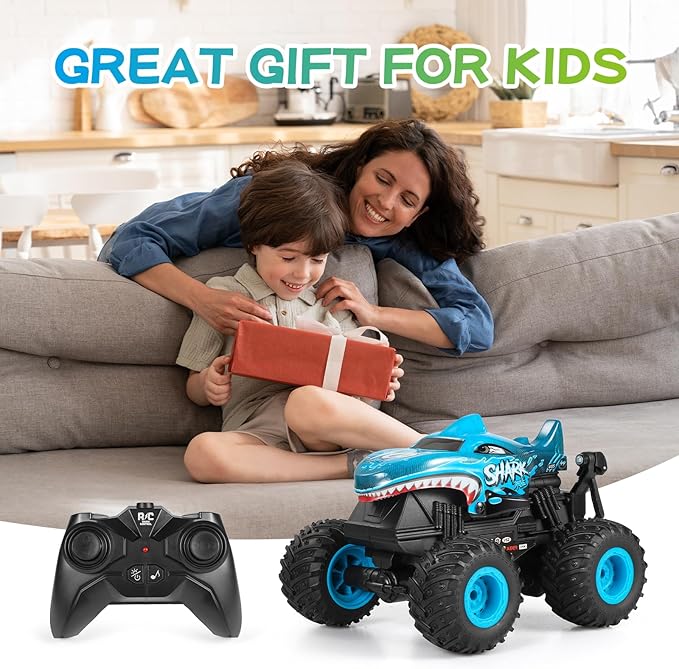 Remote Control Car, 2.4Ghz All Terrain Shark Monster Truck Toys, RC Truck with Music, 3 Lighting Effects, 360 Stunt Capable, All Included Ready to Run, Toy Gifts for Boys and Girls (Blue)