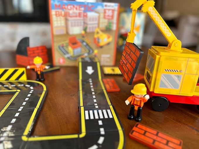 Car Road Track Magnetic Tiles & City Construction Builder Set with Crane and Figures – STEM Building Blocks Toy for Toddler Preschool Montessori Kids - Great Birthday Gift for Boys Ages 3-5 4-8 5-7