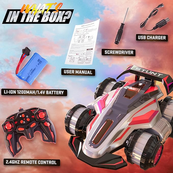 BEZGAR Upgraded Remote Control Cars for Boys Age 4-7 - 360 Spin Rotating Fast RC Toy, 4WD Upright Walking Rc Stunt Car with LED Lights Music, 2.4Ghz Indoor/Outdoor All Terrain Rechargeable Cars(Red)