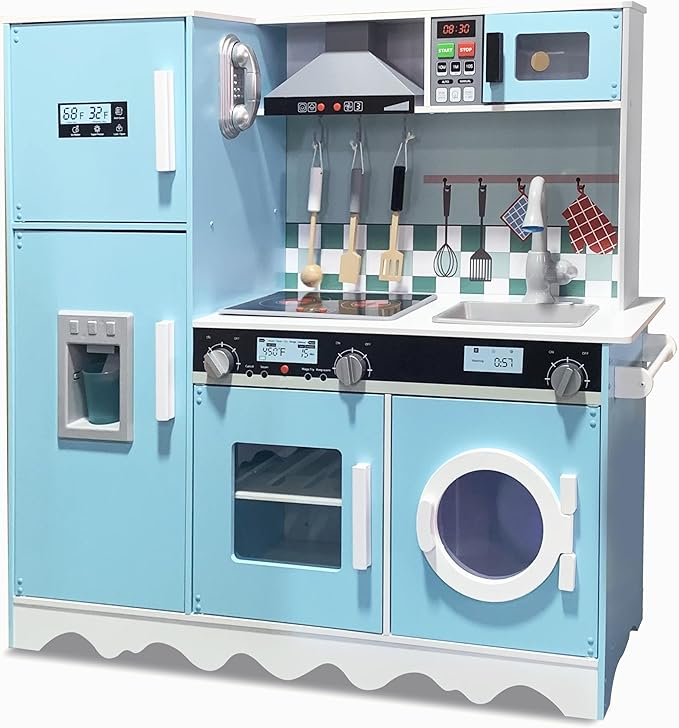Lil’ Jumbl Kids Blue Kitchen Set, Pretend Wooden Play Kitchen, Battery Operated Icemaker, Microwave, Range Hood, Stove Top, Oven, with Realistic Sound & Lights, Pots, Pan, & Utensils Included