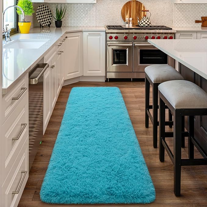 Amearea Shag Fluffy Runner Rug for Bedroom Girls Living Room, 2x6 Feet Extra Soft and Fuzzy Shaggy Rugs, Non Slip, Indoor Floor Long Carpet Mat for Boys Nursery Home Decor, Blue