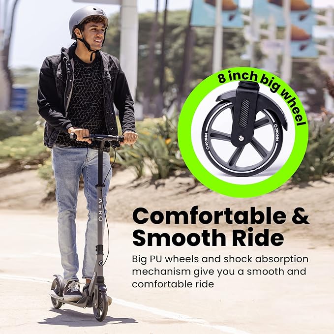 Aero Big Wheel Scooters for Kids Ages 8-12, Teens and Adults. Manual Kick Scooter for Boys and Girls, with Hand Brake, Rubber Mat, Shock Absorption, Foldable and Height Adjustable