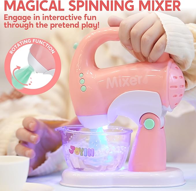 Joyin Play Kitchen Toys, Pretend and Play Food Kitchen Accessories GirlsToy with Coffee Maker, Mixer, Toaster with Realistic Lights& Sounds, Birthday Gift for Kids Ages 2 3 4 5, Pink