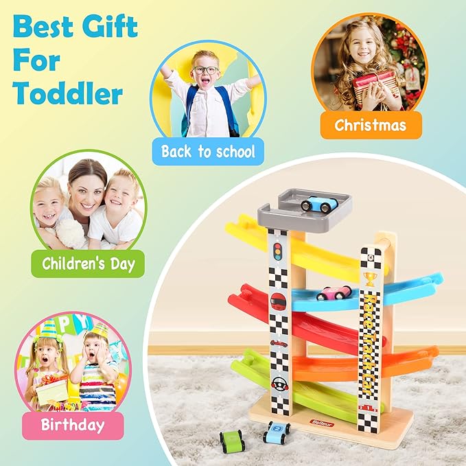 Montessori Toy for 1-3 Years Old Boys and Girls, Kid Race Track Car for Toddlers with 5 Mini Cars & 5 Ramps, Wooden Montessori Car Ramp Toy Set for Babies' Birthday Gifts, Visit Gifts
