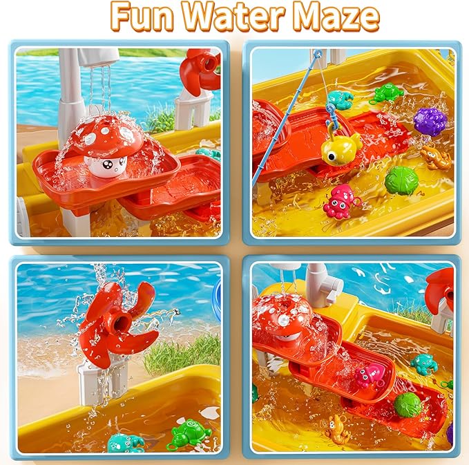 Water Table Toy for Kids 2 3 4 5 6 Years Old - Outdoor Kitchen Toys Set with Electrical Faucet, Toddler Fishing Games, Summer Beach Sensory Water Play Table, Gifts for Boy Girl 2+ 3-5(Yellow)