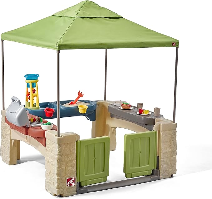 Step2 All Around Playtime Patio with Canopy, Kids Indoor/Outdoor Kitchen Playset & Sensory Playhouse, Made of Durable Plastic, Includes 16 Piece Toy Accessories, For Toddlers 2+ Years Old, Green