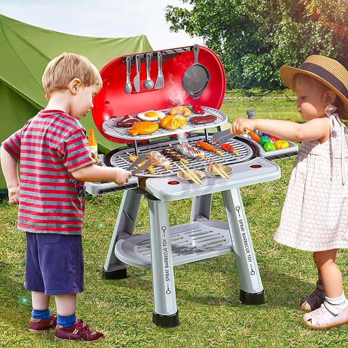 Kids Play Kitchen Toys, BBQ Grill with Smoke for Kids Ages 3 4 5 6 7, 2-Layer Barbecue Toys Play Food Set with Sound Light, Indoor Outdoor Cooking Toy for Boys Girls 3-5, Birthday Gifts