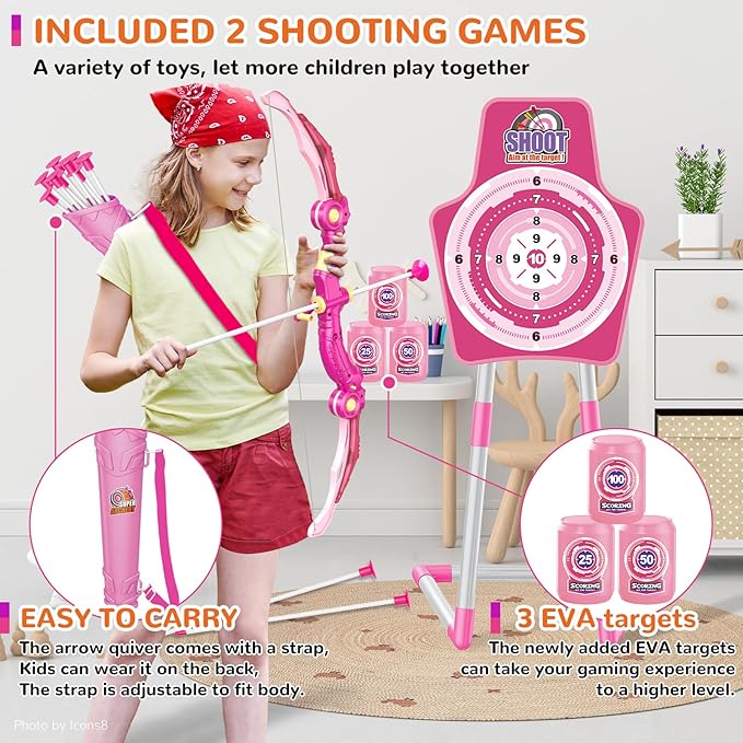 GMAOPHY Bow and Arrow Toys with LED Flash Lights, Birthday Gift for Girls 4 5 6 7 8 9 10 Year Old, Archery Set Indoor Outdoor Activity with 20 Suction Cup Arrows, 2 Targets & Quiver, Kids Sport Toys