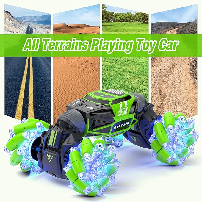 Powerextra LED Gesture Rc Car, 4WD Transform Remote Control Gesture Sensing Car, Double Sided 360° Rotating Off Road Stunt Car with Lights, Toy Car for 6-12 Year Old Boys & Girls