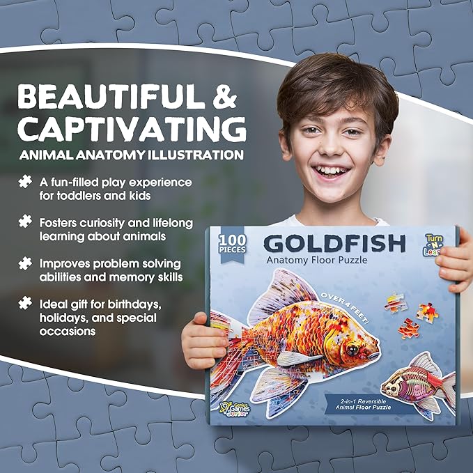 Goldfish Animal Anatomy Floor Puzzle | 100-Piece Double Sided Jigsaw Puzzle | Large-Sized, Over 4 Feet Scientifically Accurate Illustration - Fun and Educational Toy for Kids, Toddlers and Families
