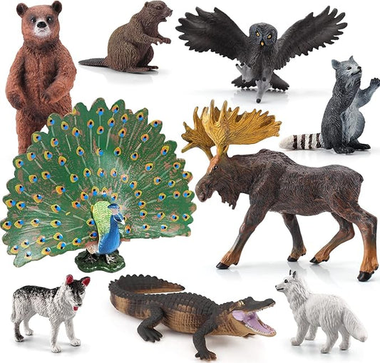 Woodland Animals Figures Playset 9PCS Forest Animal Figurines Toys Set Plastic Animals Figure Bear,Peacock Crocodile,Arctic Fox Figure