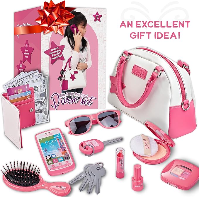 Play Purse for Little Girls and Toddlers - Girls Toys Pretend Play Accessories: Toy Phone, Wallet, Credit Cards, Keys, Pretend Makeup for Role Playing Toys for Girls Ages 3 4 5 6 7 8 Years and Up