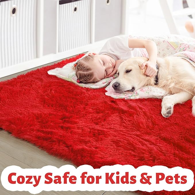 Amdrebio Red Area Rugs for Living Room Bedroom Decor, Red Carpet, Christmas Rug 5x8, Fluffy Shaggy Fuzzy Furry Throw Rugs for Kids Room Dorm Nursery Classroom, Shag Plush Rug for Teen Boys Playroom