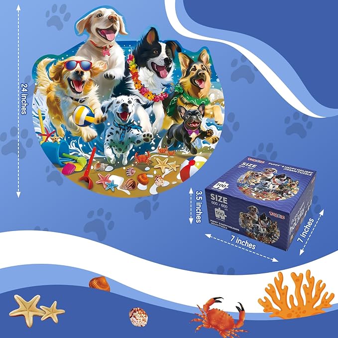 Puzzles for Kids Ages 4-6, 100 Piece Puppies Kids Floor Puzzles with Beach & Marine Animals, Perfect 7 Year Old Boys Girls Gifts, Large Jigsaw Puzzles for Children's Learn and Play