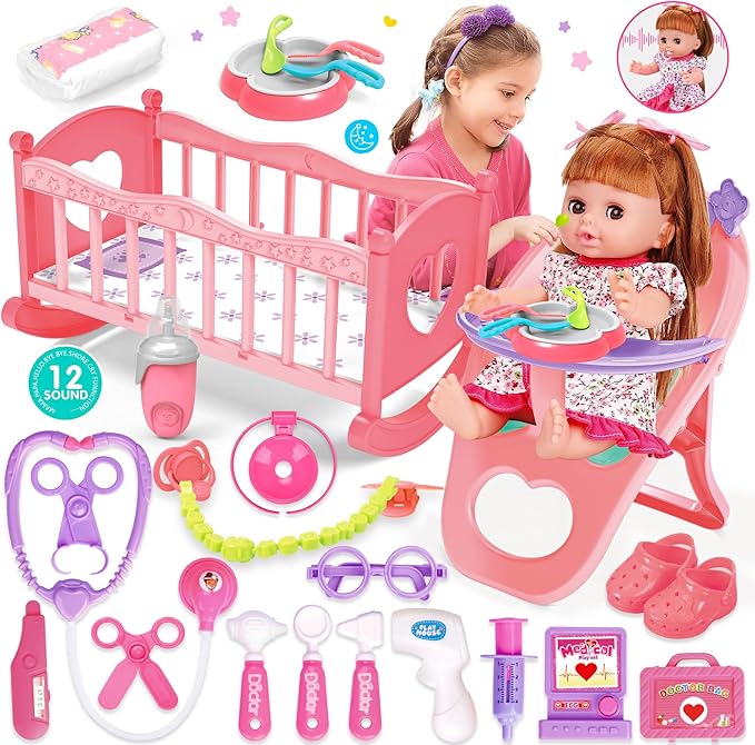 Baby Doll Toys Set, 14" Doll Toys, 25Pcs Dolls Care Toy Playset, Toddlers Toy Doll Set Incl Cradle Crib, High Chair, Milk Bottle, Pacifier, Diaper, Baby Gift for Age 3 4 5 6+ Years Old Girls Boys