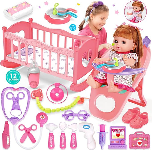 Baby Doll Toys Set, 14" Doll Toys, 25Pcs Dolls Care Toy Playset, Toddlers Toy Doll Set Incl Cradle Crib, High Chair, Milk Bottle, Pacifier, Diaper, Baby Gift for Age 3 4 5 6+ Years Old Girls Boys