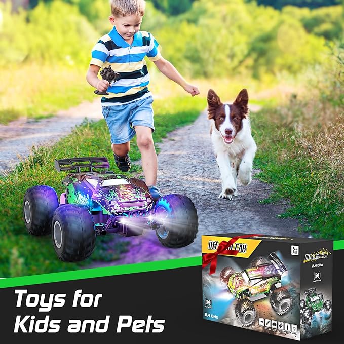 Remote Control Car, 1:18 Scale All Terrain RC Cars, 2WD 20Km/h with Colorful LedLight and Two Rechargeable Batteries, Remote Control Monster Truck Off Road Racing Car Toys for Kids and Boys