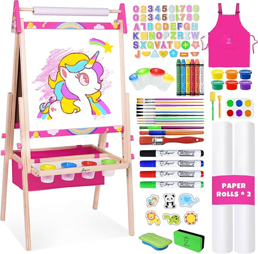 Joyooss Art Easel for Kids & Toddlers, Adjustable Painting Station - Wooden Easel with Whiteboard & Chalkboard for Ages 4-12