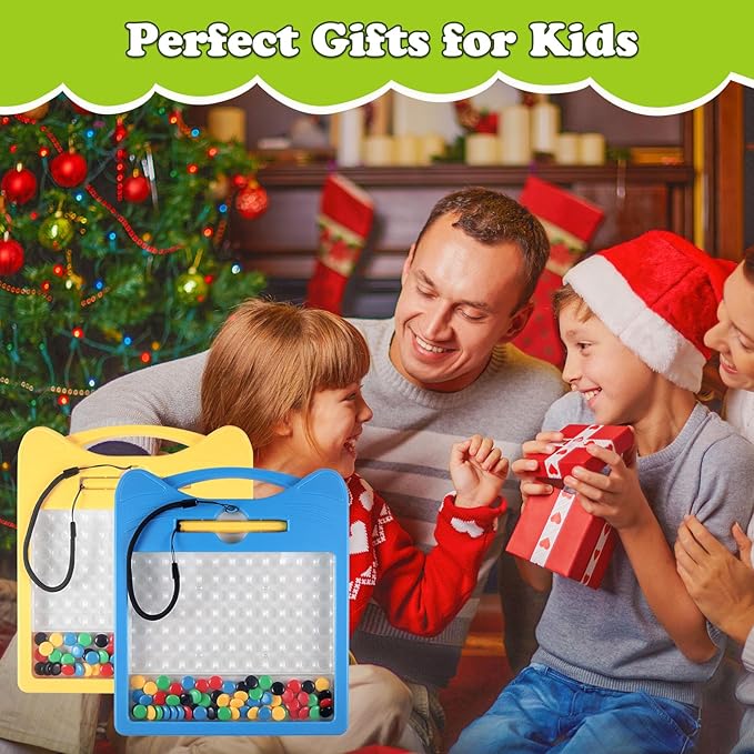 Magnetic Drawing Board for Kids, Toddler Magnet Doodle Board with Beads and 2 Pens, Magnetic Dot Art, Preschool Learning ABC Numbers for 3 4 5 6 Years Old Girls Boys (Yellow)