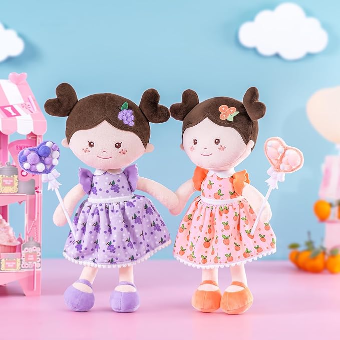 Onetoo Baby Soft Dolls Girls First Baby Doll Sleeping Cuddle Buddy Dolls Plush Rag Doll for Girls Wear Orang Dress 14"