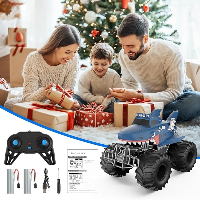 MUYOLO Remote Control Shark Truck, 1:16 Rc Monster Car with 2 Batteries 2.4GHz 4WD Off-Rock All Terrain Waterproof Amphibious Toys, for Christmas Birthday Gifts Presents Kids Boys Girls Ages 6+