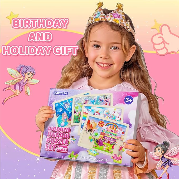 Wooden Puzzles for Kids Ages 3-6+ Unicorn Mermaid Princess Fairy 4 Pack Puzzles for Girls, 24-Piece Toddler Puzzles, Educational Preschool Birthday Christmas Easter Gifts for 3 4 5 6 Year Old Girls
