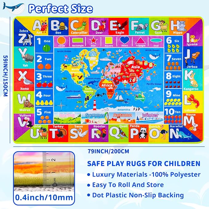 World Map ABC Kid Rug for Playroom 78.7"×59" Geography Classroom Play Rug Educational Baby Playmat Alphabet Mat for Primary School Fluffy Non-Slip Preschool Carpet Nursery Room Elementary Learning