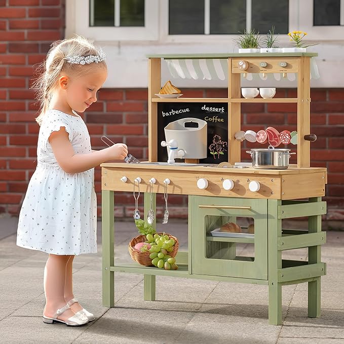 ROBUD Mud Kitchen for Kids Outdoor, Solid Wood Outdoor Play Kitchen, Green Kids Mud Kitchen with Barbecue Grill, Removable Sink & Faucet, Monteeori Toys for Children Ages 3+, WH003