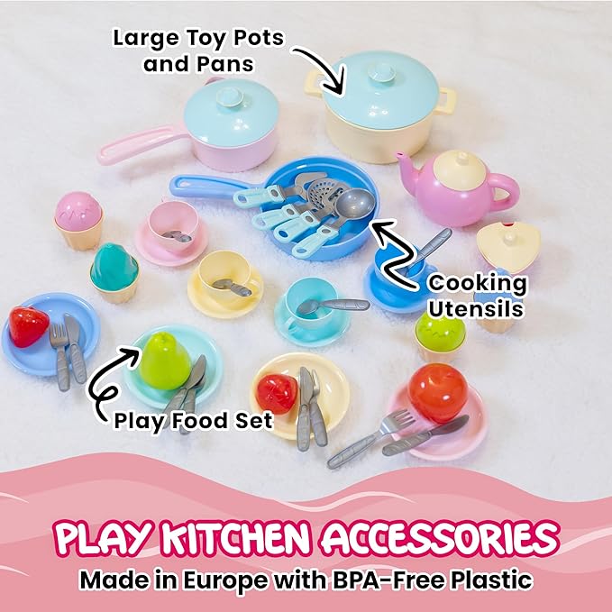 TECHNOK Kids Play Kitchen Accessories - 49 Pcs Play Dishes Cookware Set - Large Toy Pots and Pans for Kids Kitchen Pretend Dishes - Play Food Set - Cooking Utensils - Toy Cooking Set for Girls Boys 3+