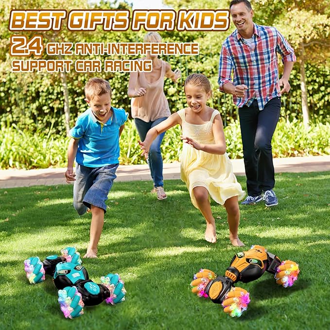 Axirata Gesture Sensing RC Stunt Car with Lights & Music for Kids 6-12 Year Old 4WD 2.4GHz Hand Controlled Remote Control Car 360° Rotation Off-Road Toy Car Gift for Boys Girls(Yellow)