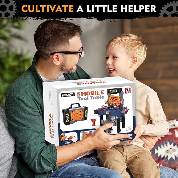 Kids Tool Bench with Electric Drill and Chair, Christmas Birthday Gift for Boys Girls Age 3,4,5+ Fun Play Kids Workbench, Transformable Toddler Tool Box Set, Construction Tool Toys for Toddler 3-5