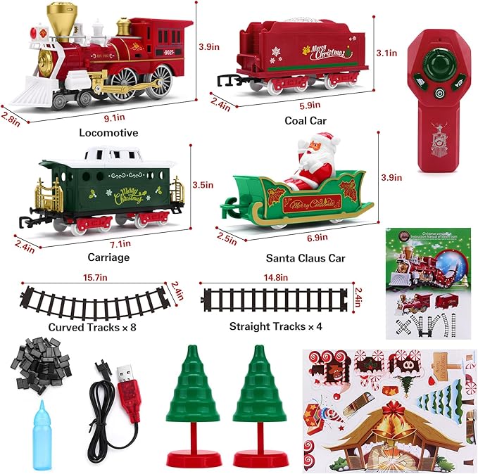 Christmas Train Set for Kids Remote Control Train with Smoke Light Sound, Steam Locomotive Railroad Carriages Rechargeable RC Toy Train, Gift for Boys and Girls